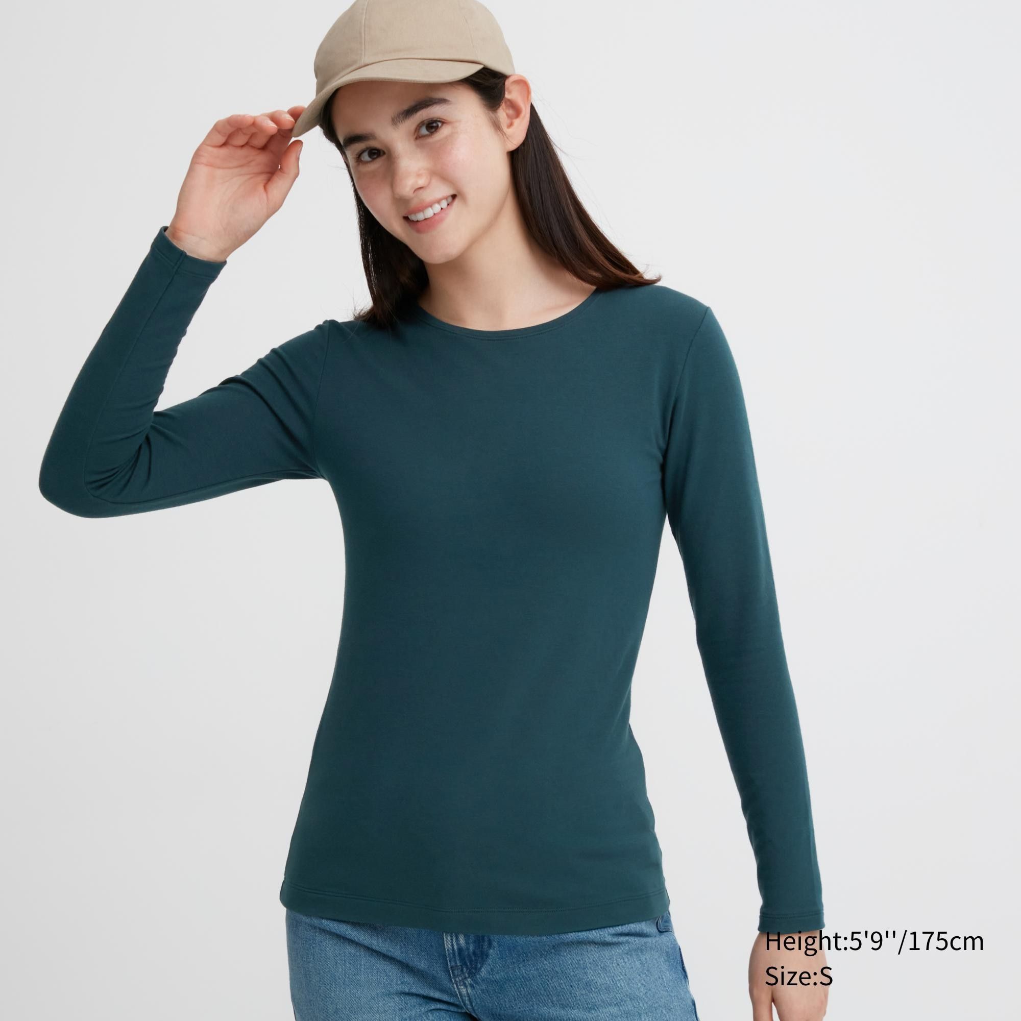 Dark Green Uniqlo Heattech Extra Warm Cotton Crew Neck Long Sleeved Thermal Top | FVOBY-0624