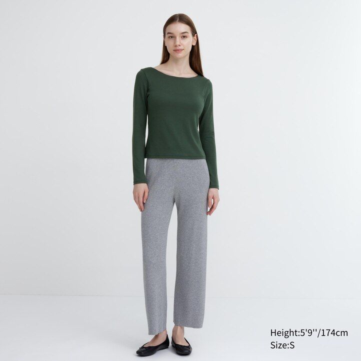 Dark Green Uniqlo Heattech Ribbed Scoop Neck Long Sleeved Thermal Bra Top | CGZLF-9376