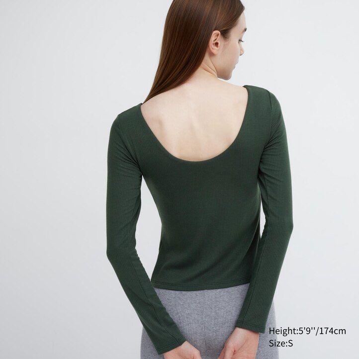 Dark Green Uniqlo Heattech Ribbed Scoop Neck Long Sleeved Thermal Bra Top | CGZLF-9376