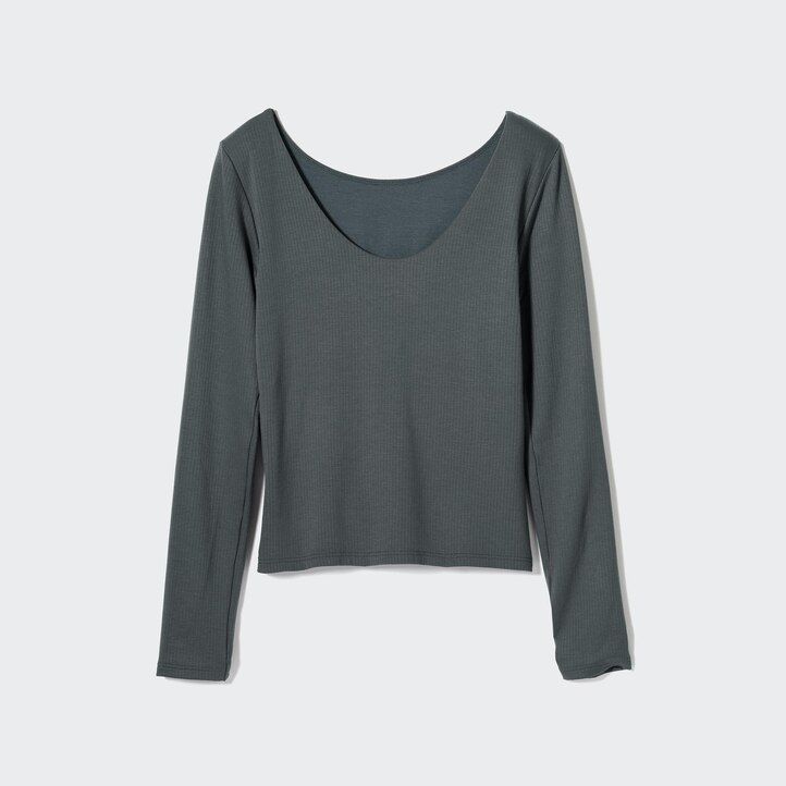 Dark Green Uniqlo Heattech Ribbed Scoop Neck Long Sleeved Thermal Bra Top | CGZLF-9376