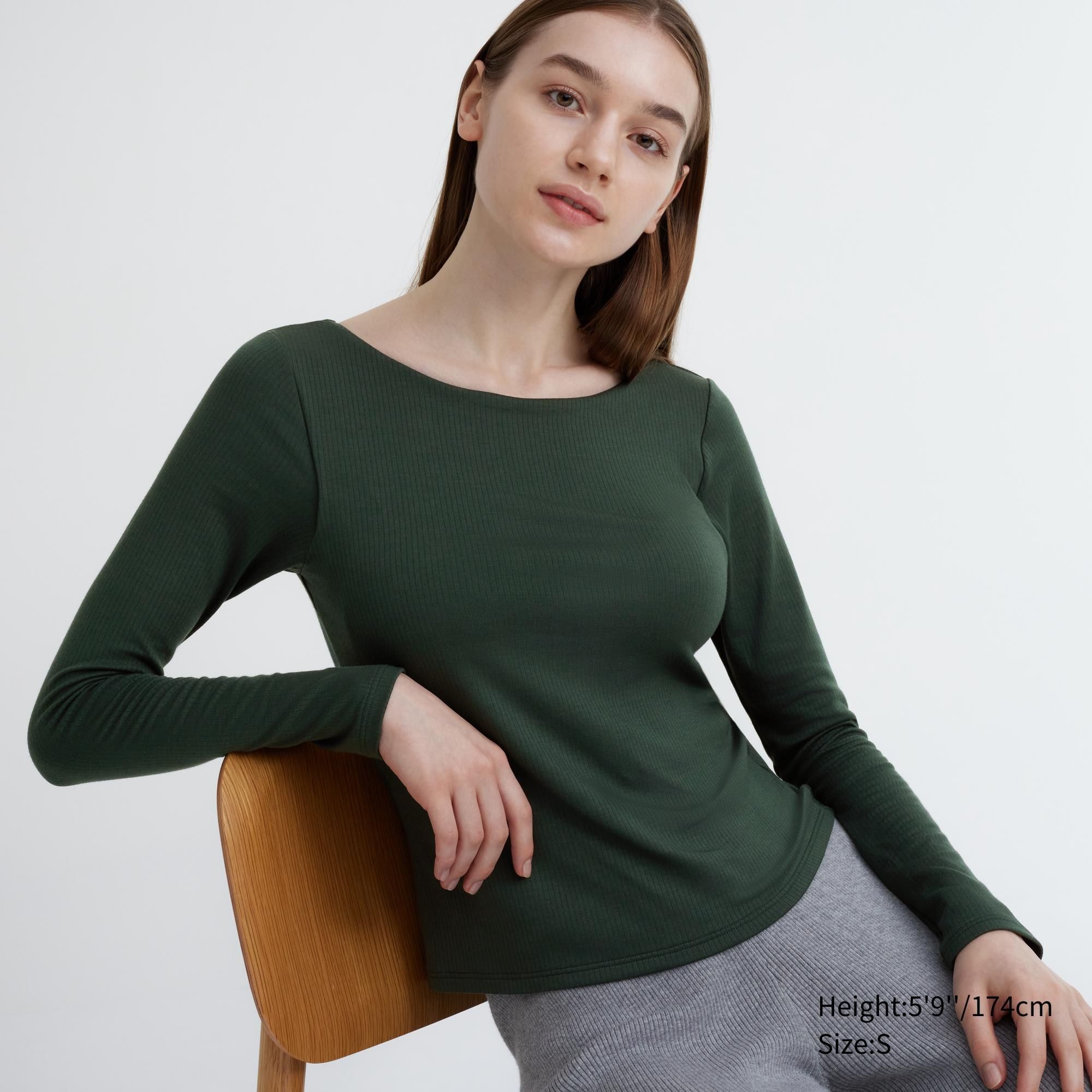Dark Green Uniqlo Heattech Ribbed Scoop Neck Long Sleeved Thermal Bra Top | CGZLF-9376