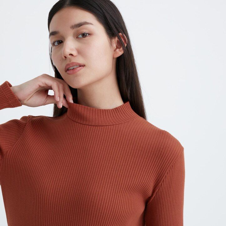 Dark Orange Uniqlo Ribbed High Neck Long Sleeved T-Shirt | WSVMZ-1274