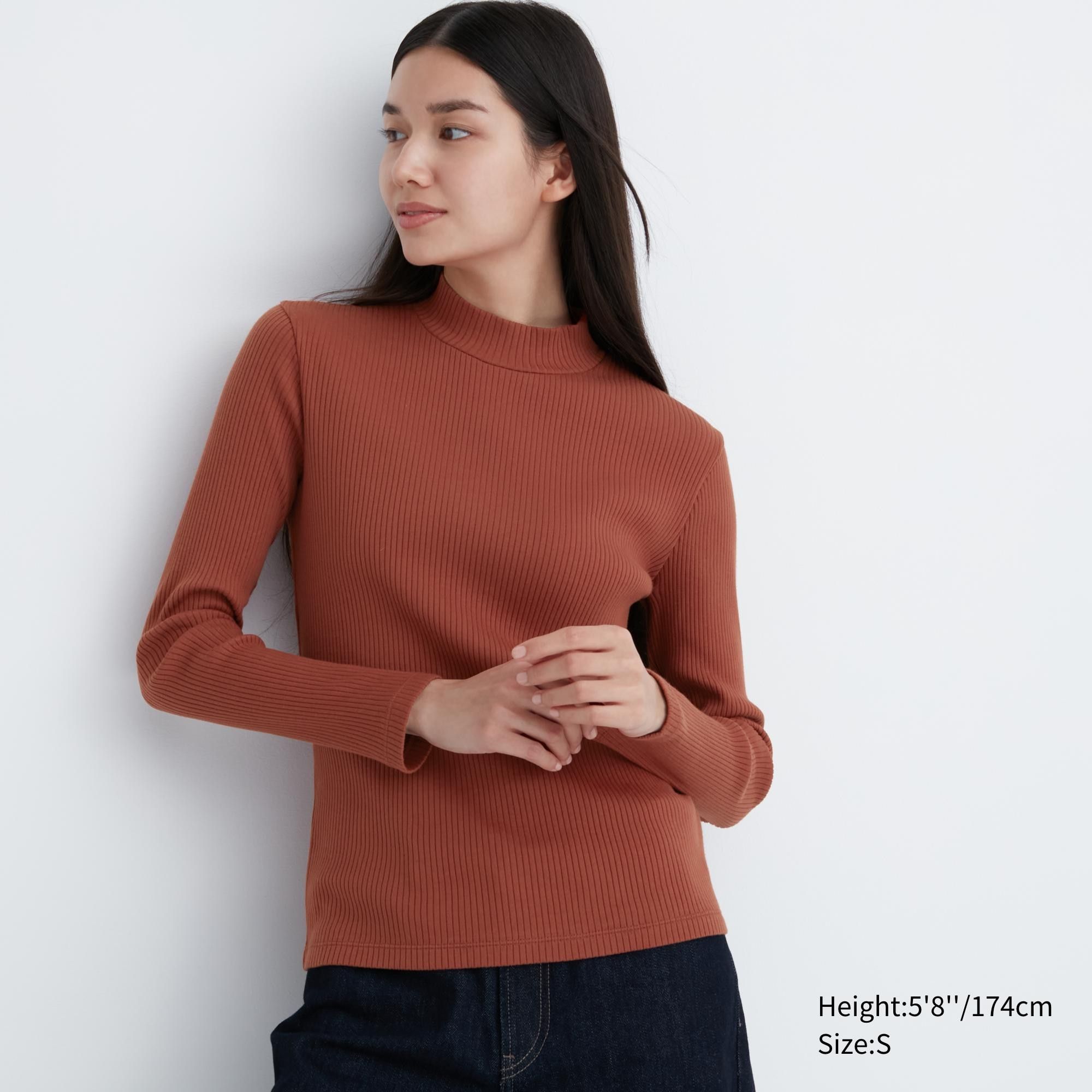 Dark Orange Uniqlo Ribbed High Neck Long Sleeved T-Shirt | WSVMZ-1274