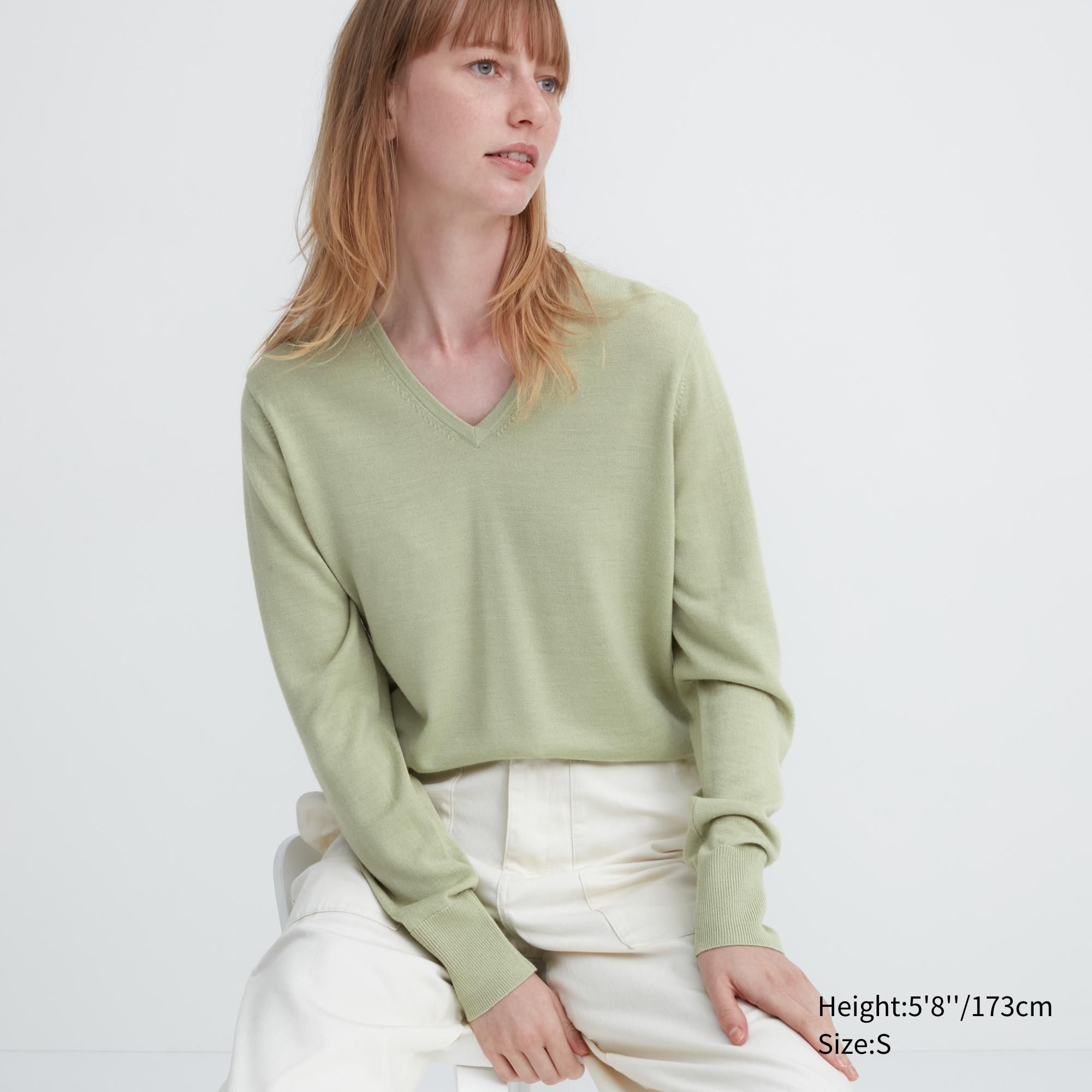 Green Uniqlo 100pct Extra Fine Merino V Neck Jumper | PSFDO-3092