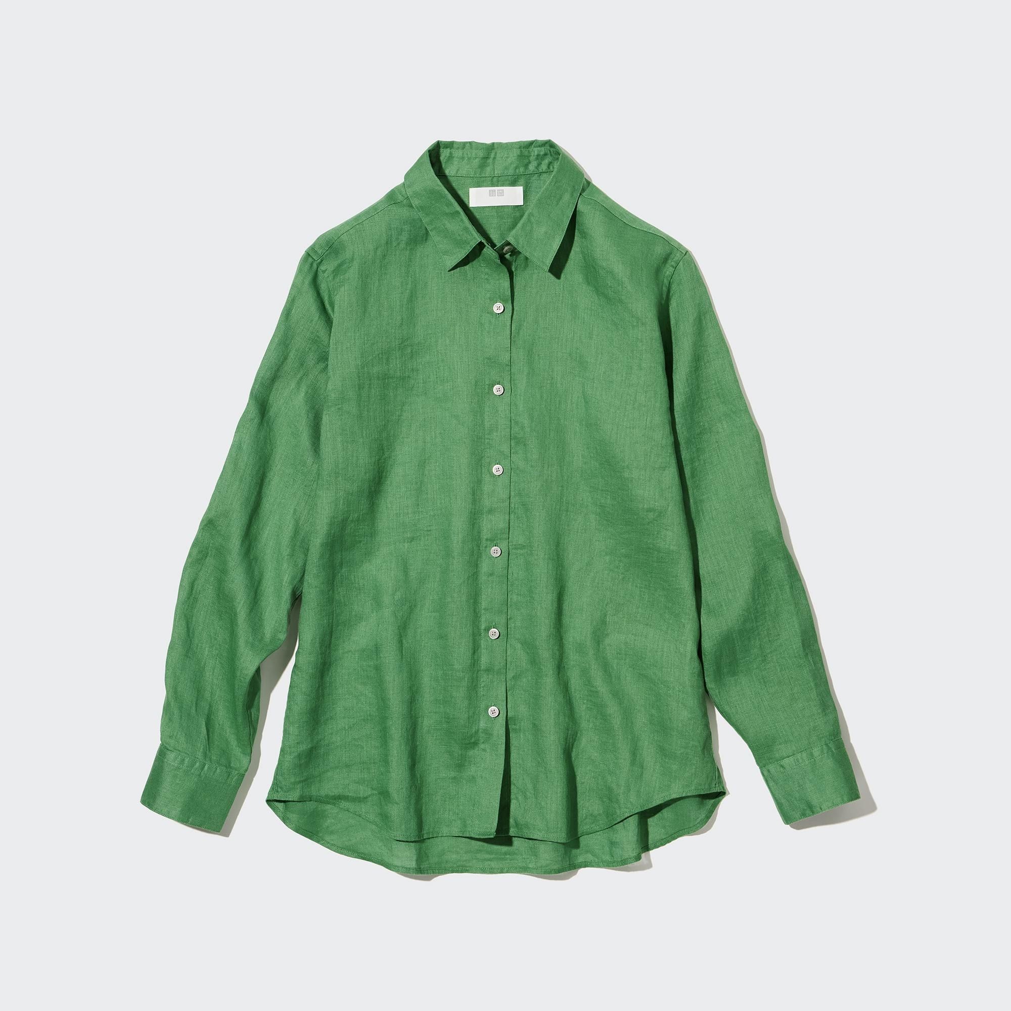 Green Uniqlo 100pct Premium Linen Shirt | PLVBU-4562