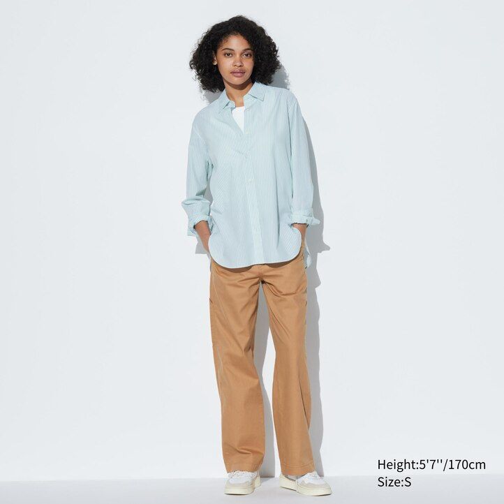 Green Uniqlo Extra Fine Cotton Striped Long Sleeved Shirt | BOSNT-3125