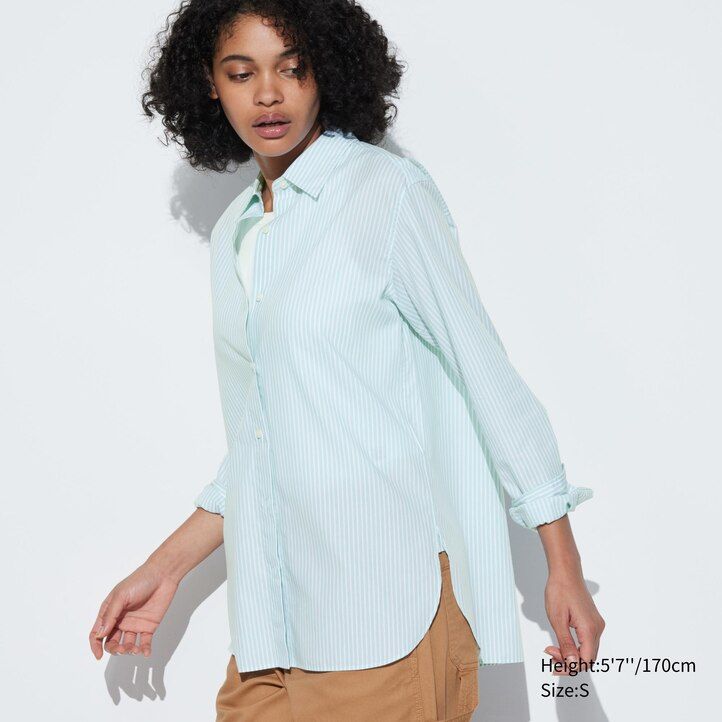Green Uniqlo Extra Fine Cotton Striped Long Sleeved Shirt | BOSNT-3125