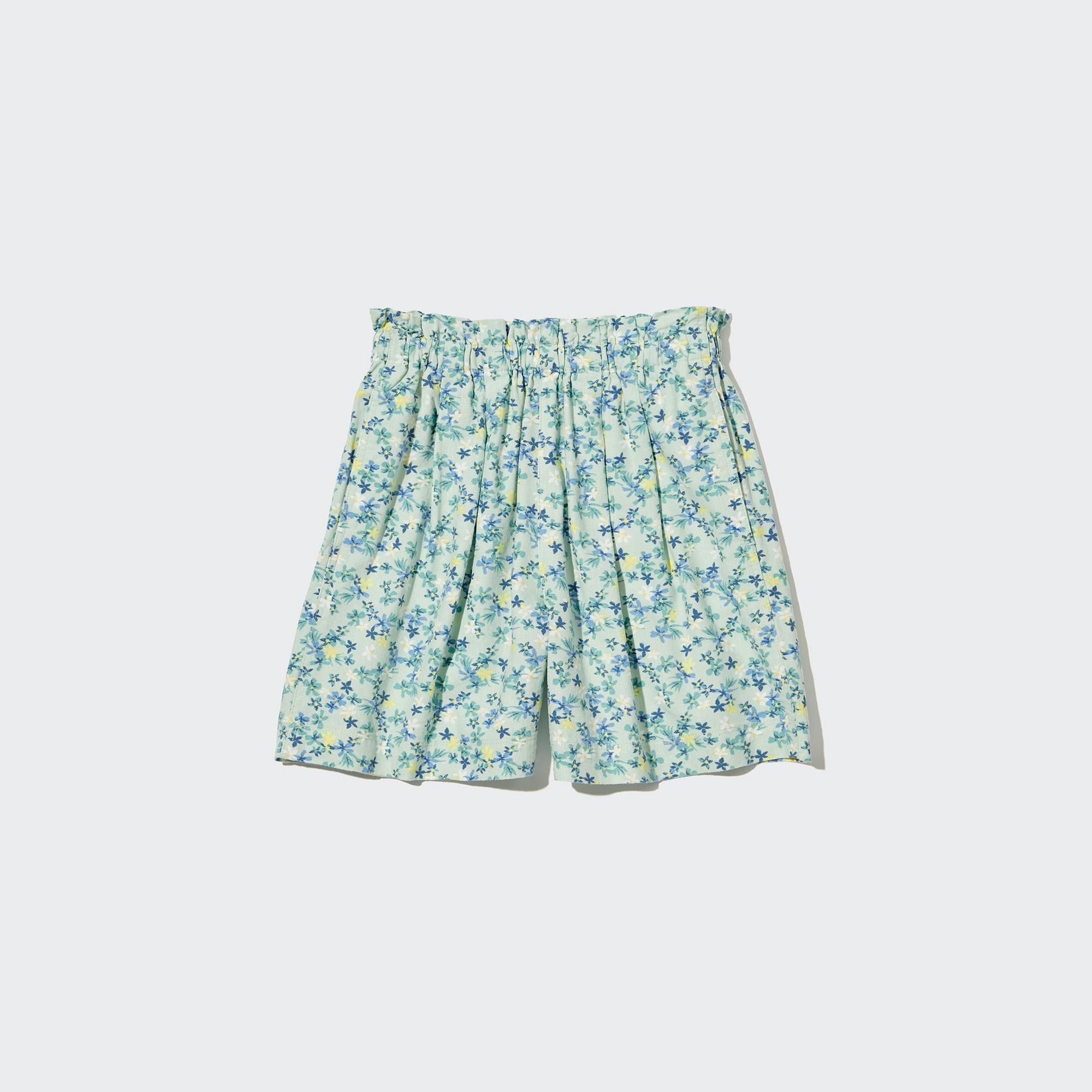 Green Uniqlo Girls Linen Blend Flower Print Easy Shorts | HBPQM-5487