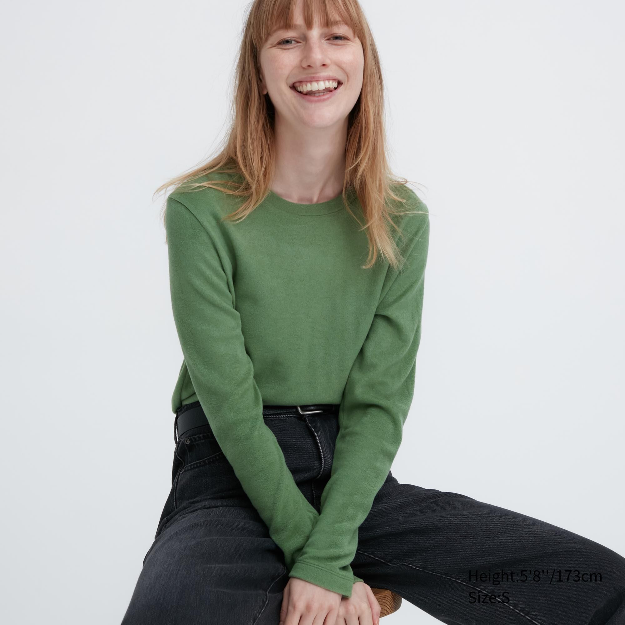 Green Uniqlo Heattech Fleece Crew Neck Long Sleeved Thermal Top | DHTBZ-4175