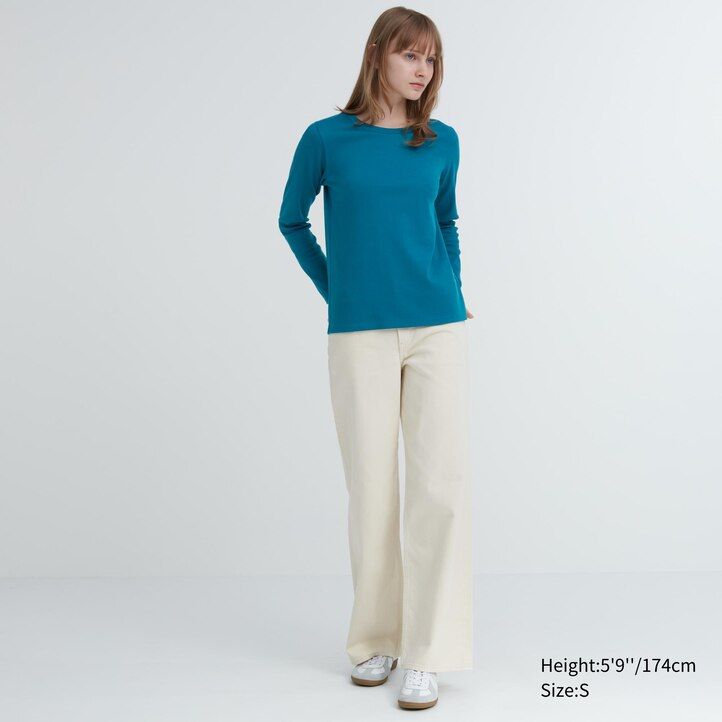 Green Uniqlo Smooth Cotton Stretch Crew Neck Long Sleeved T-Shirt | UVRMS-5704