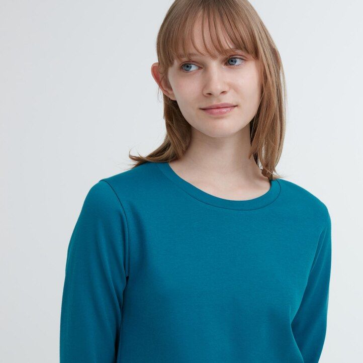 Green Uniqlo Smooth Cotton Stretch Crew Neck Long Sleeved T-Shirt | UVRMS-5704