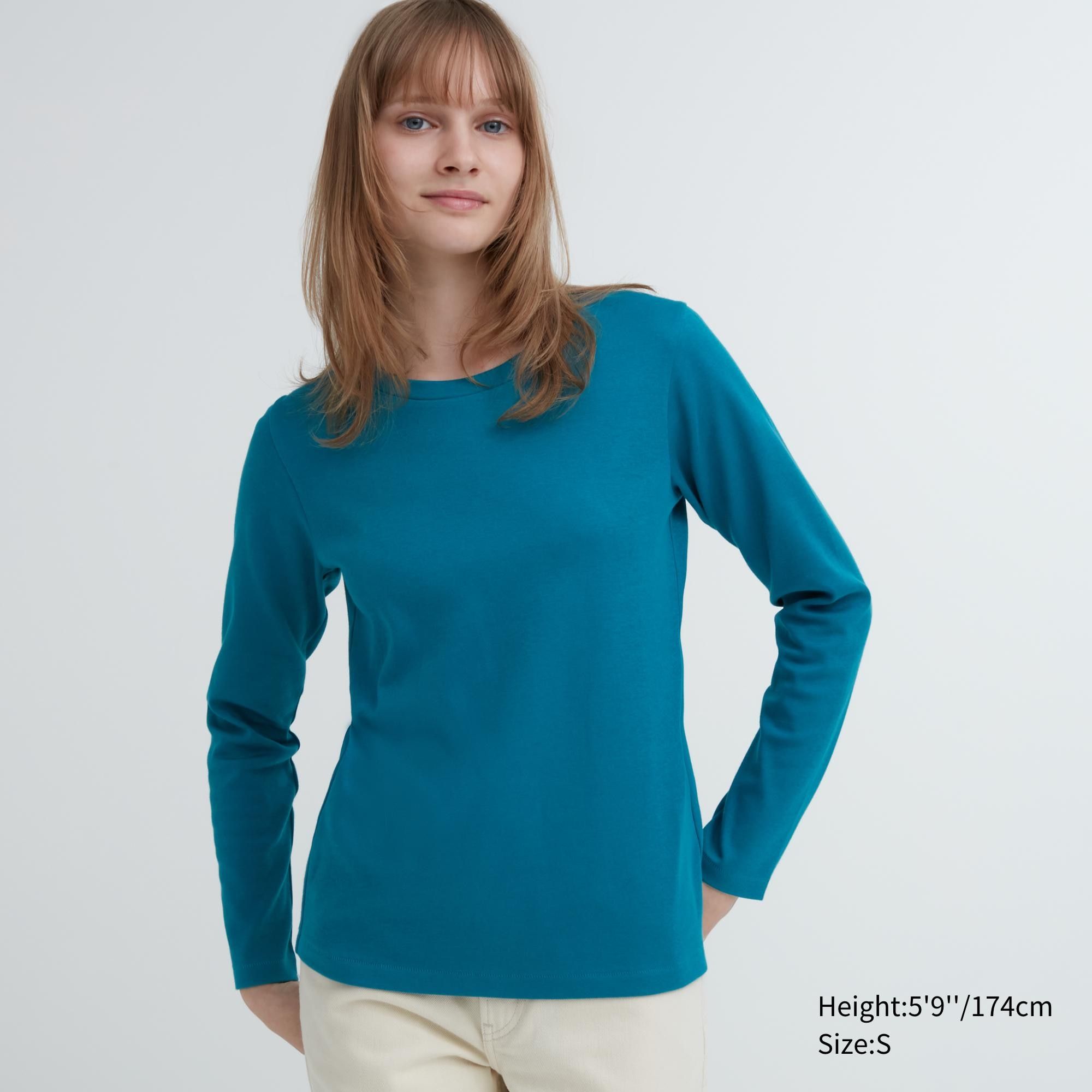 Green Uniqlo Smooth Cotton Stretch Crew Neck Long Sleeved T-Shirt | UVRMS-5704