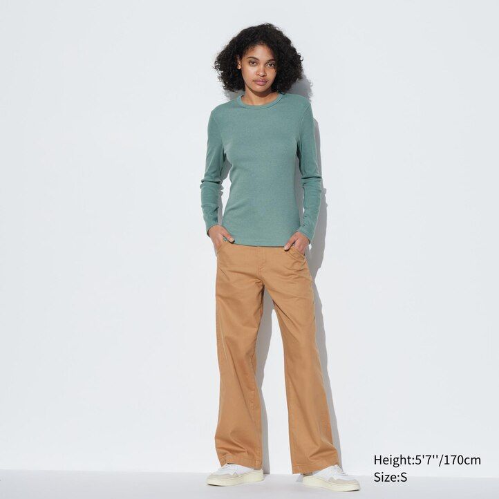 Green Uniqlo Soft Ribbed Fitted Crew Neck Long Sleeved T-Shirt | AQBEH-1672