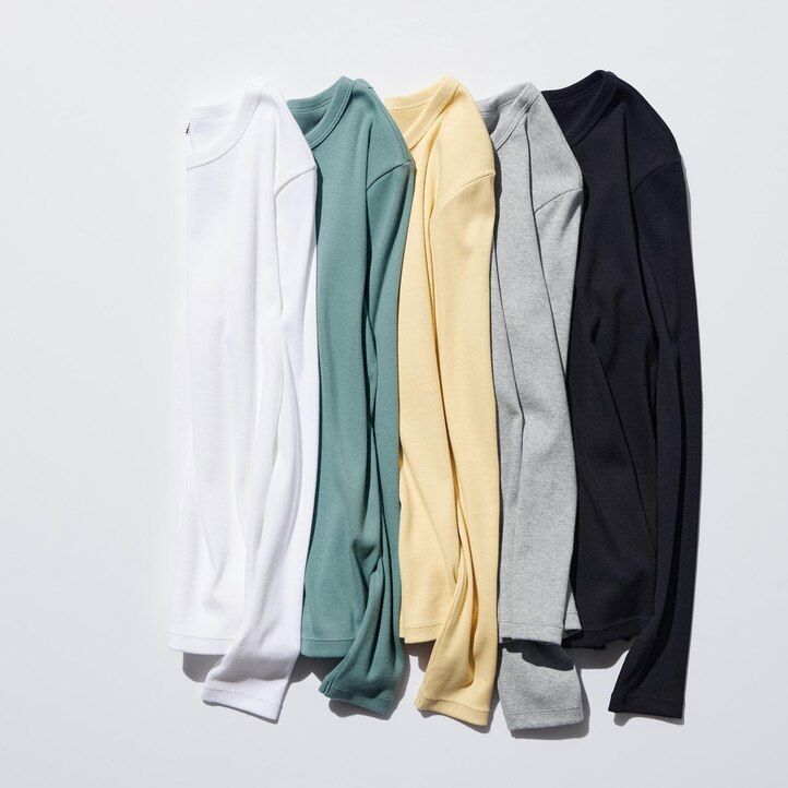 Green Uniqlo Soft Ribbed Fitted Crew Neck Long Sleeved T-Shirt | AQBEH-1672