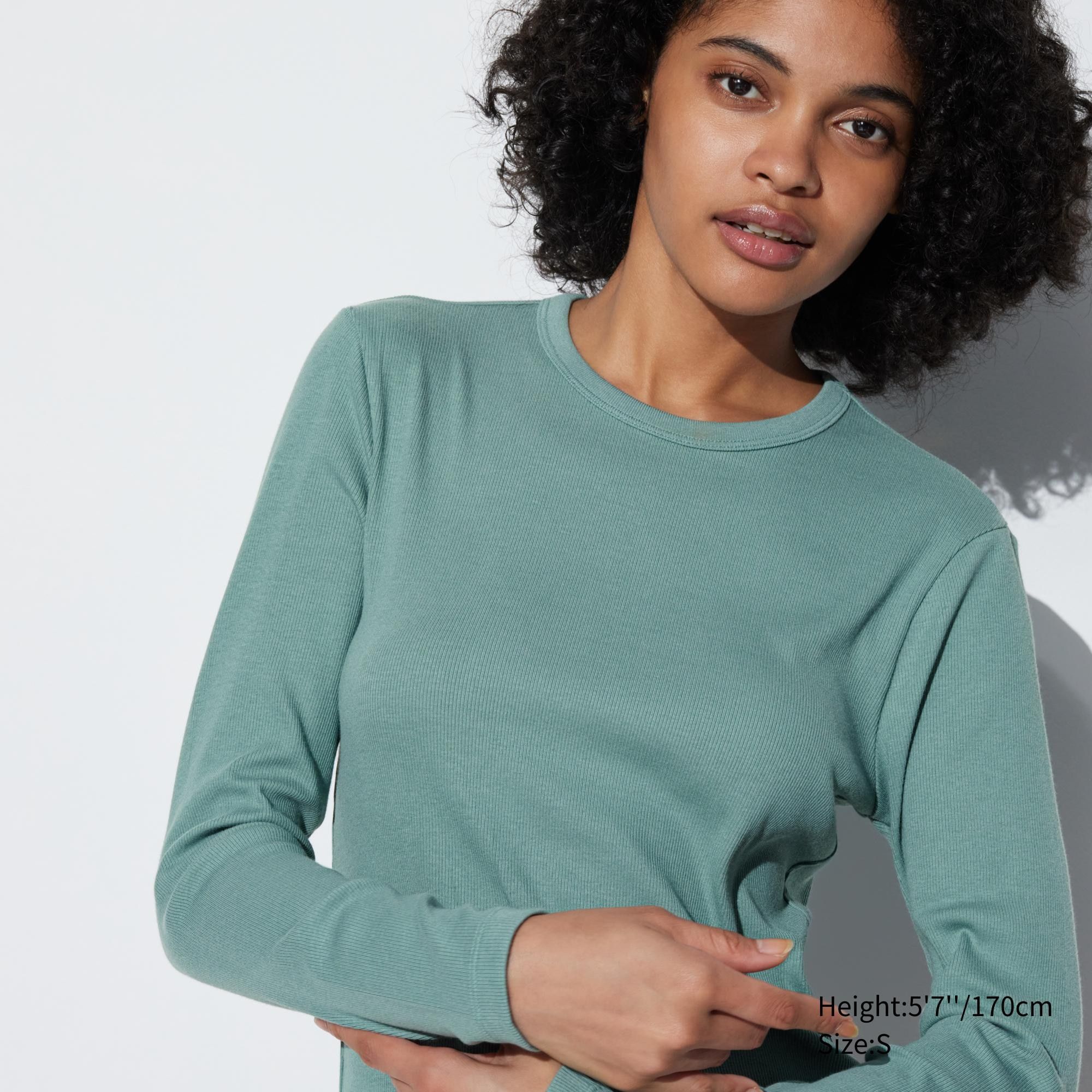 Green Uniqlo Soft Ribbed Fitted Crew Neck Long Sleeved T-Shirt | AQBEH-1672