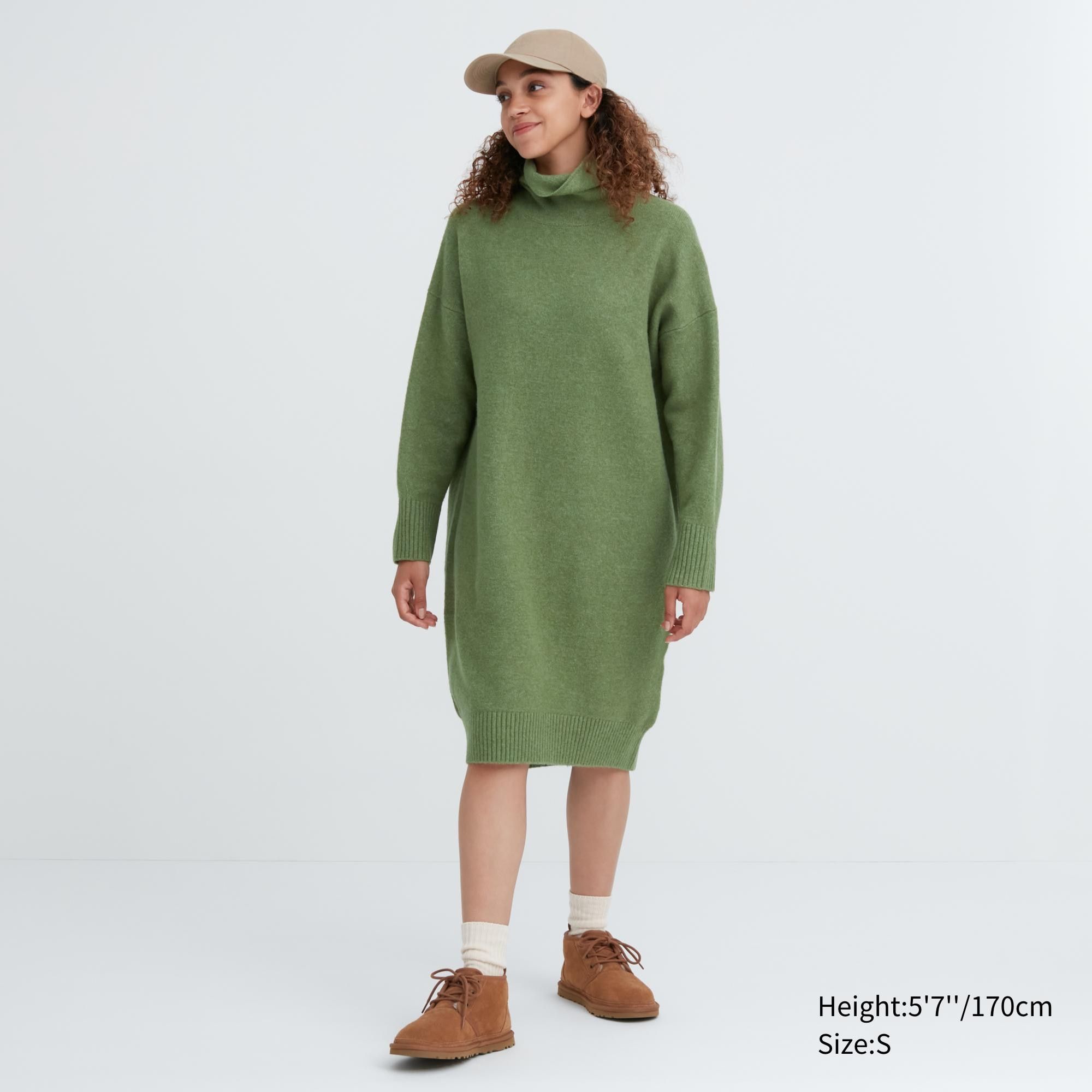 Green Uniqlo Souffle Yarn Turtleneck Long Sleeved Dress | CQHOZ-5937