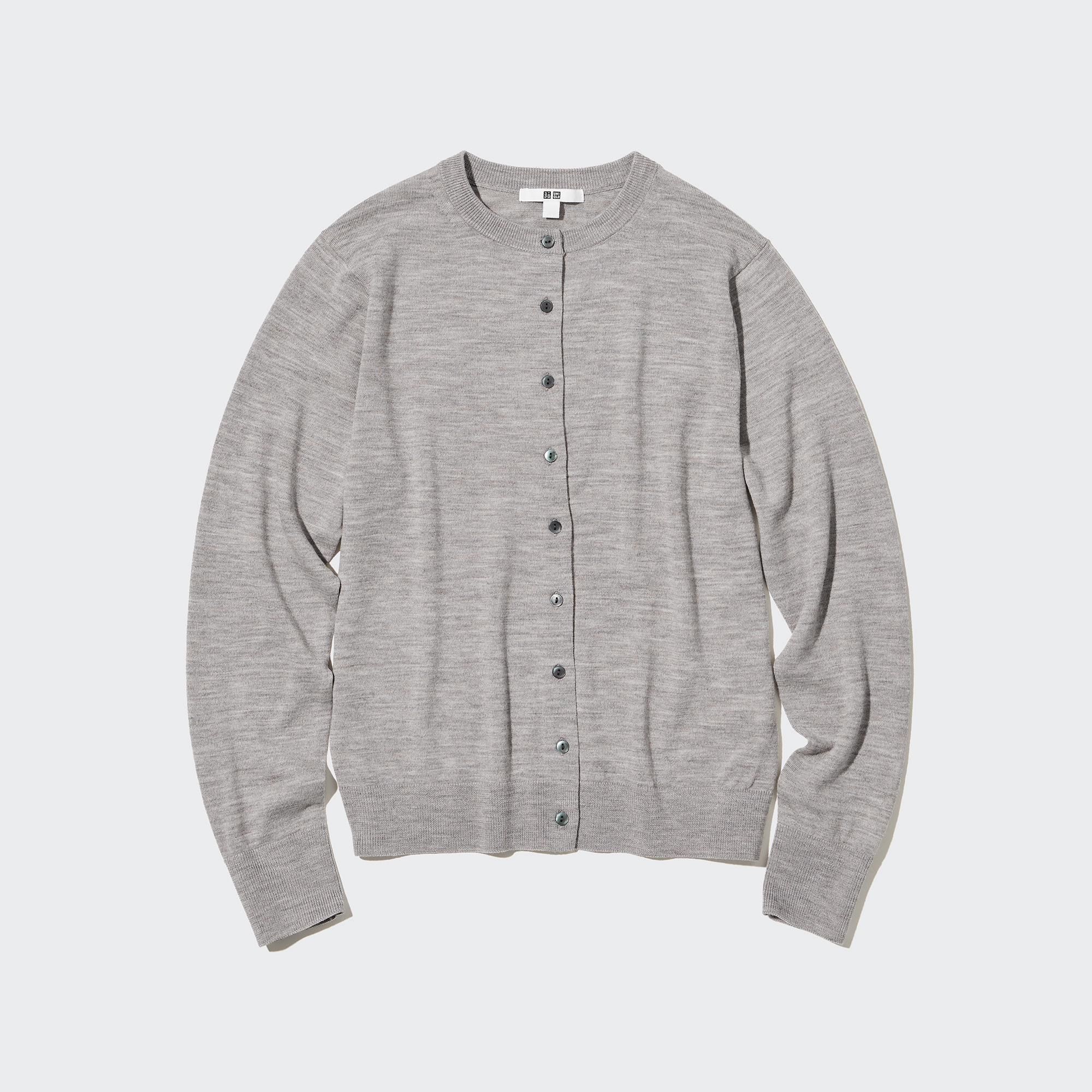 Grey Uniqlo 100pct Extra Fine Merino Crew Neck Cardigan | TBNOG-5497