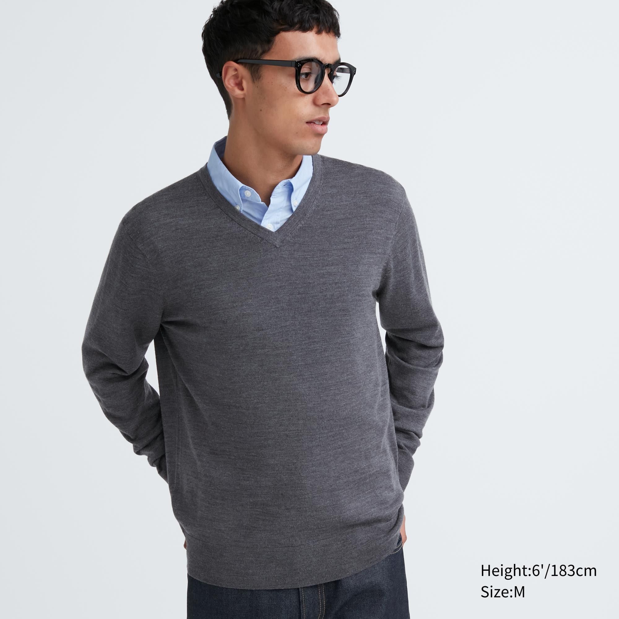 Grey Uniqlo 100pct Extra Fine Merino V Neck Jumper | DOPET-5281