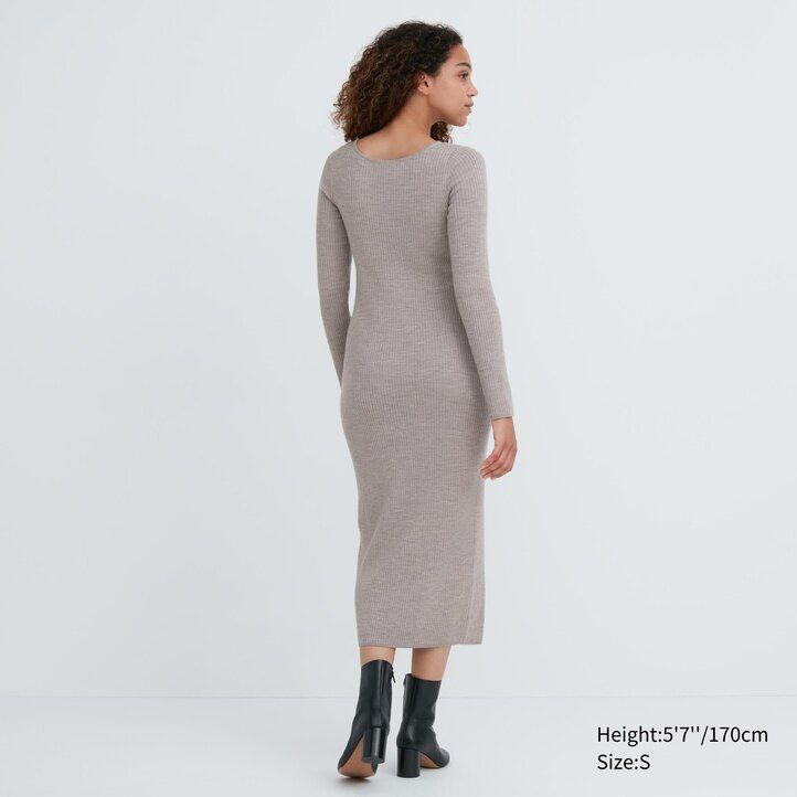 Grey Uniqlo Merino Blend Fitted U Neck Long Sleeved Dress | CXLMQ-1274