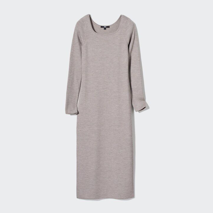 Grey Uniqlo Merino Blend Fitted U Neck Long Sleeved Dress | CXLMQ-1274
