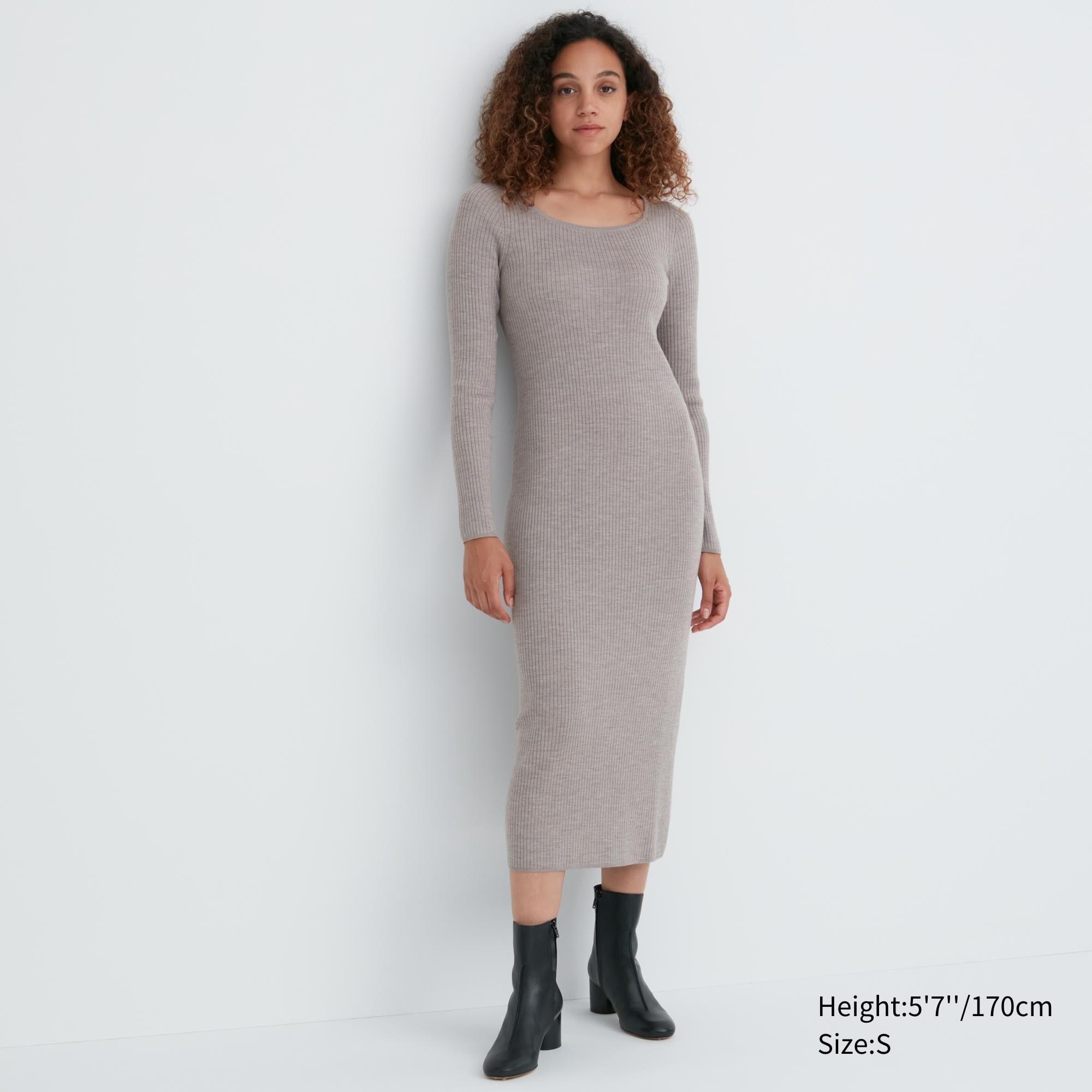 Grey Uniqlo Merino Blend Fitted U Neck Long Sleeved Dress | CXLMQ-1274