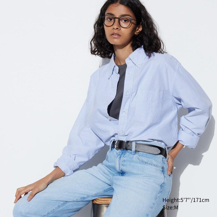 Grey Uniqlo Regular Fit Striped Oxford Shirt Regular Collar | IJXEF-2349