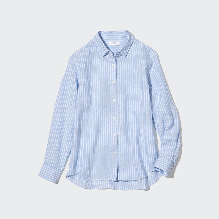 Light Blue Uniqlo 100pct Premium Linen Striped Long Sleeved Shirt | EFSBO-4018