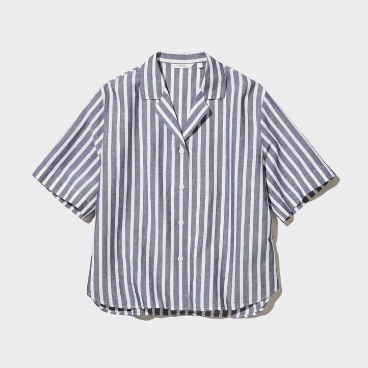 Light Blue Uniqlo Linen Blend Striped Open Collar Short Sleeved Shirt | PEVWR-2409
