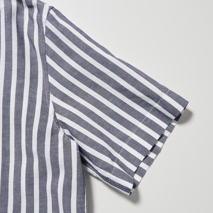 Light Blue Uniqlo Linen Blend Striped Open Collar Short Sleeved Shirt | PEVWR-2409