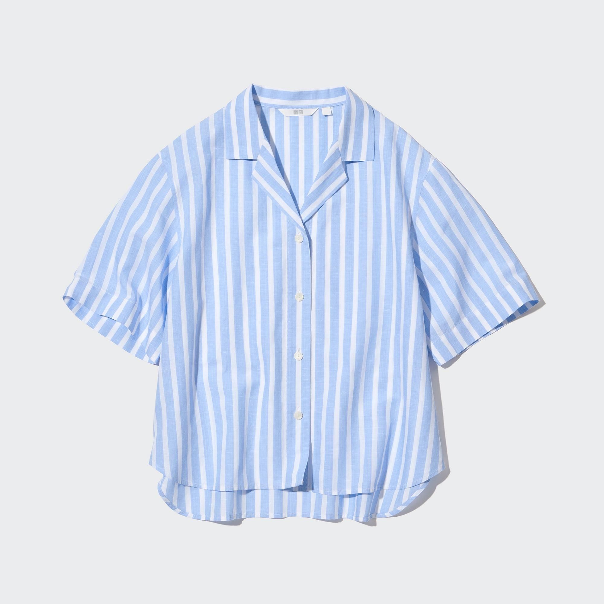 Light Blue Uniqlo Linen Blend Striped Open Collar Short Sleeved Shirt | PEVWR-2409