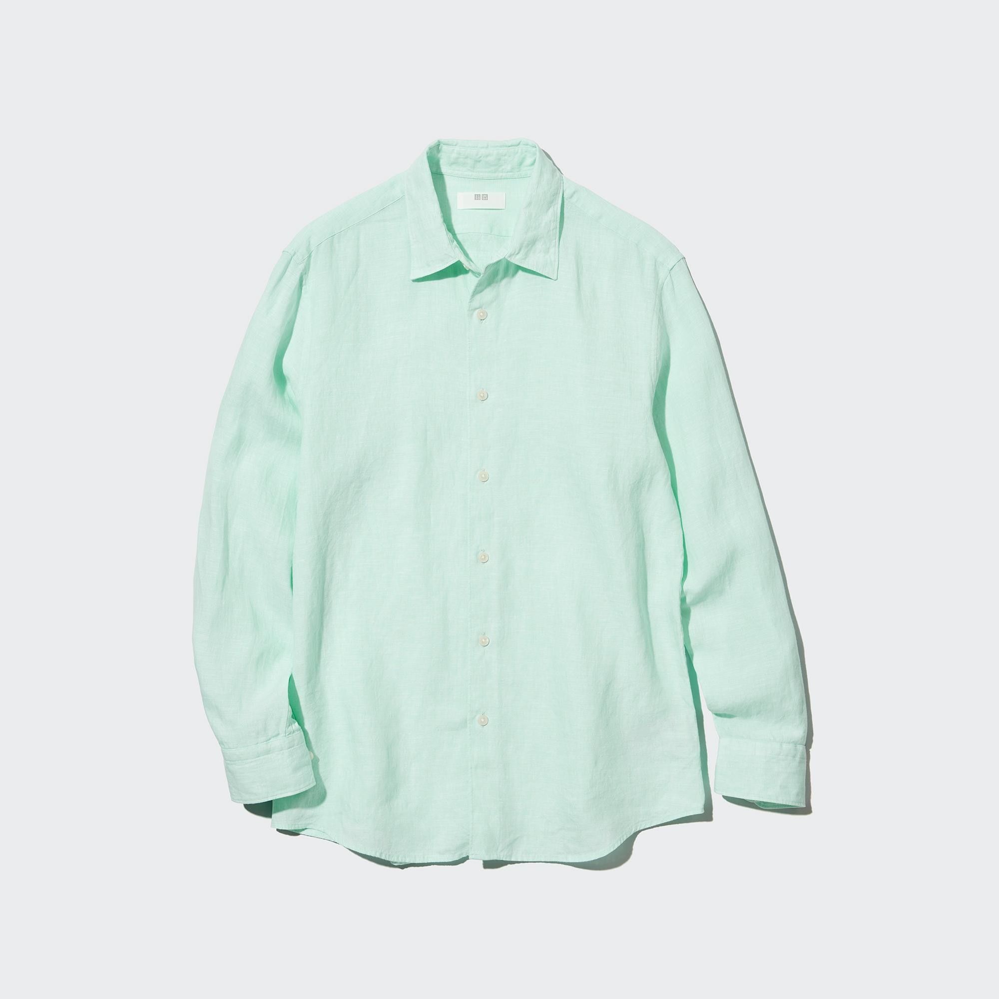 Light Green Uniqlo 100pct Premium Linen Regular FiT-Shirt Regular Collar | XHKFR-8142