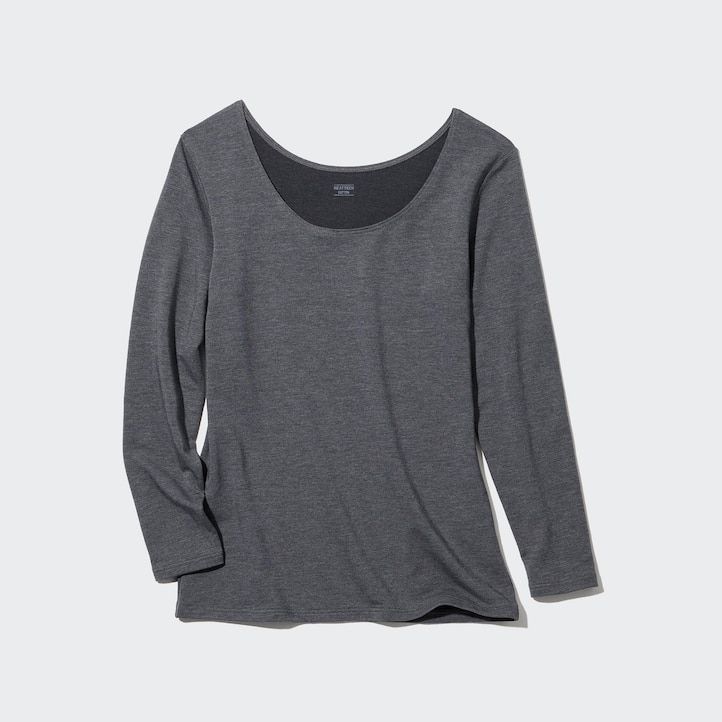 Light Grey Uniqlo Heattech Extra Warm Cotton Scoop Neck Long Sleeved Thermal Top | RPETJ-2897