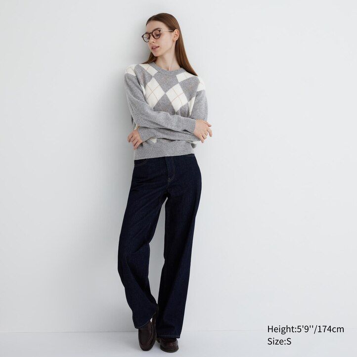 Light Grey Uniqlo Premium Lambswool Argyle Crew Neck Jumper | TOSMD-5107