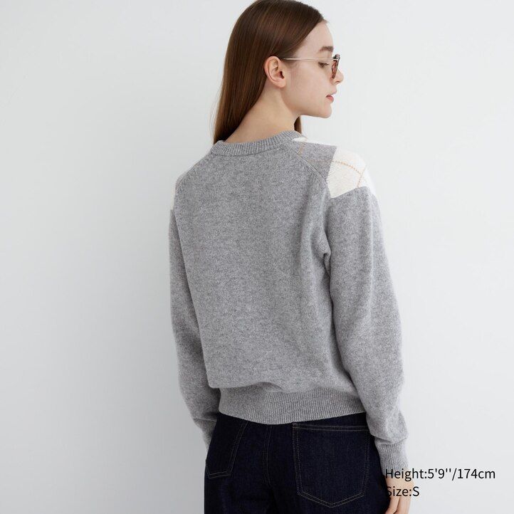Light Grey Uniqlo Premium Lambswool Argyle Crew Neck Jumper | TOSMD-5107