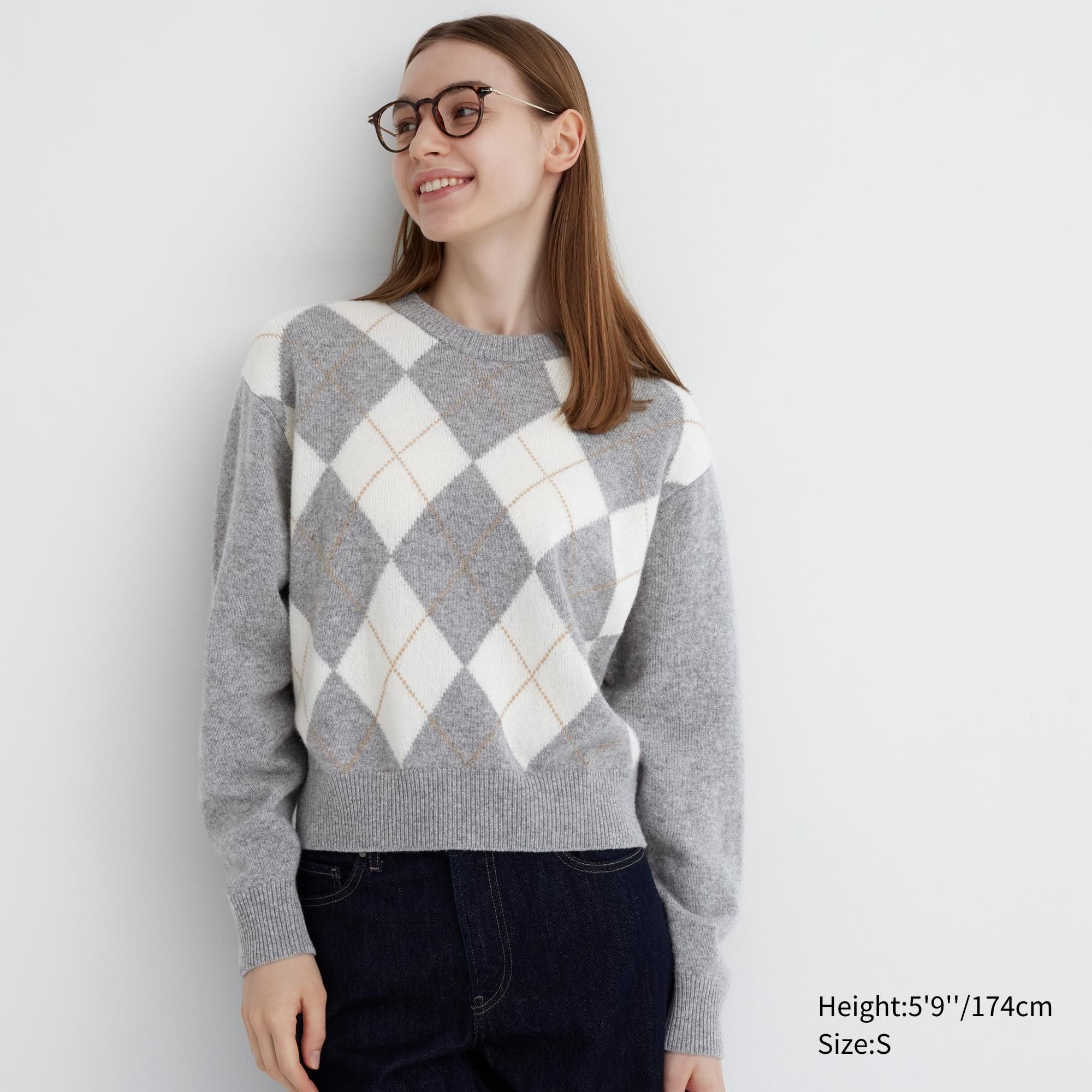 Light Grey Uniqlo Premium Lambswool Argyle Crew Neck Jumper | TOSMD-5107