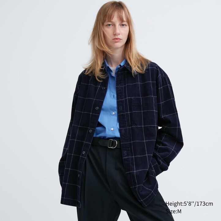 Navy Uniqlo Corduroy Oversized Checked Shirt | XBPQW-2951