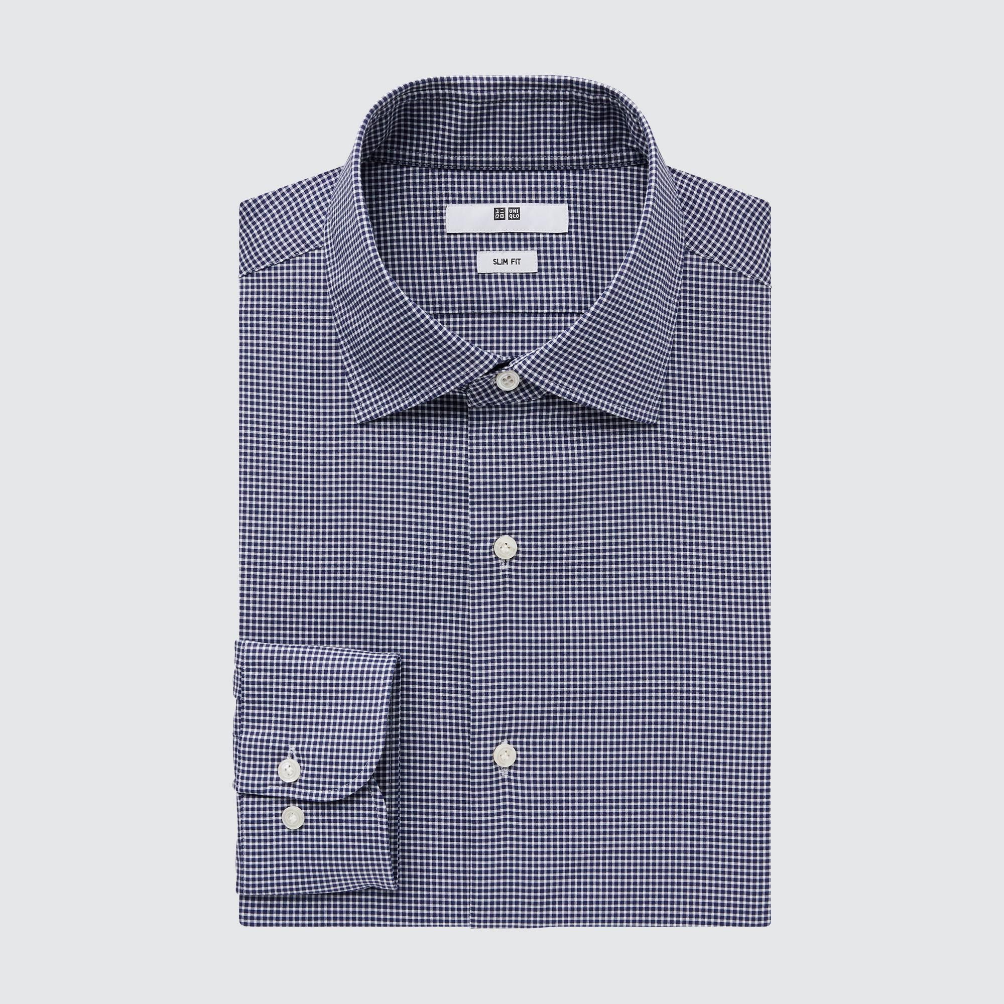 Navy Uniqlo Easy Care Stretch Slim Fit Checked Shirt Semi Cutaway Collar | HBJYZ-9158