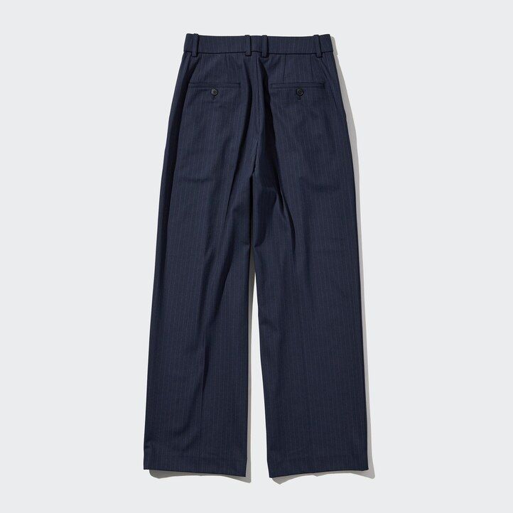 Navy Uniqlo Pleated Wide Leg Striped Trousers | FDLVX-9345