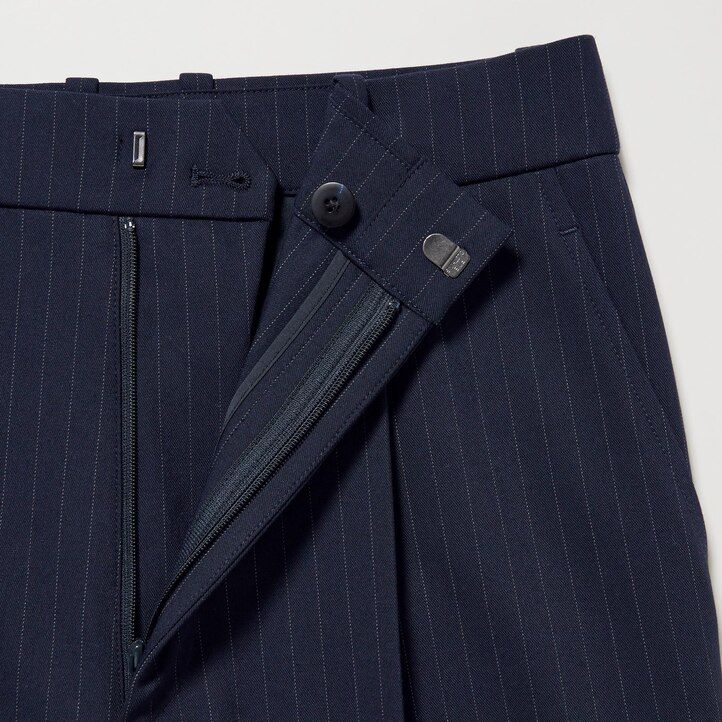 Navy Uniqlo Pleated Wide Leg Striped Trousers | FDLVX-9345