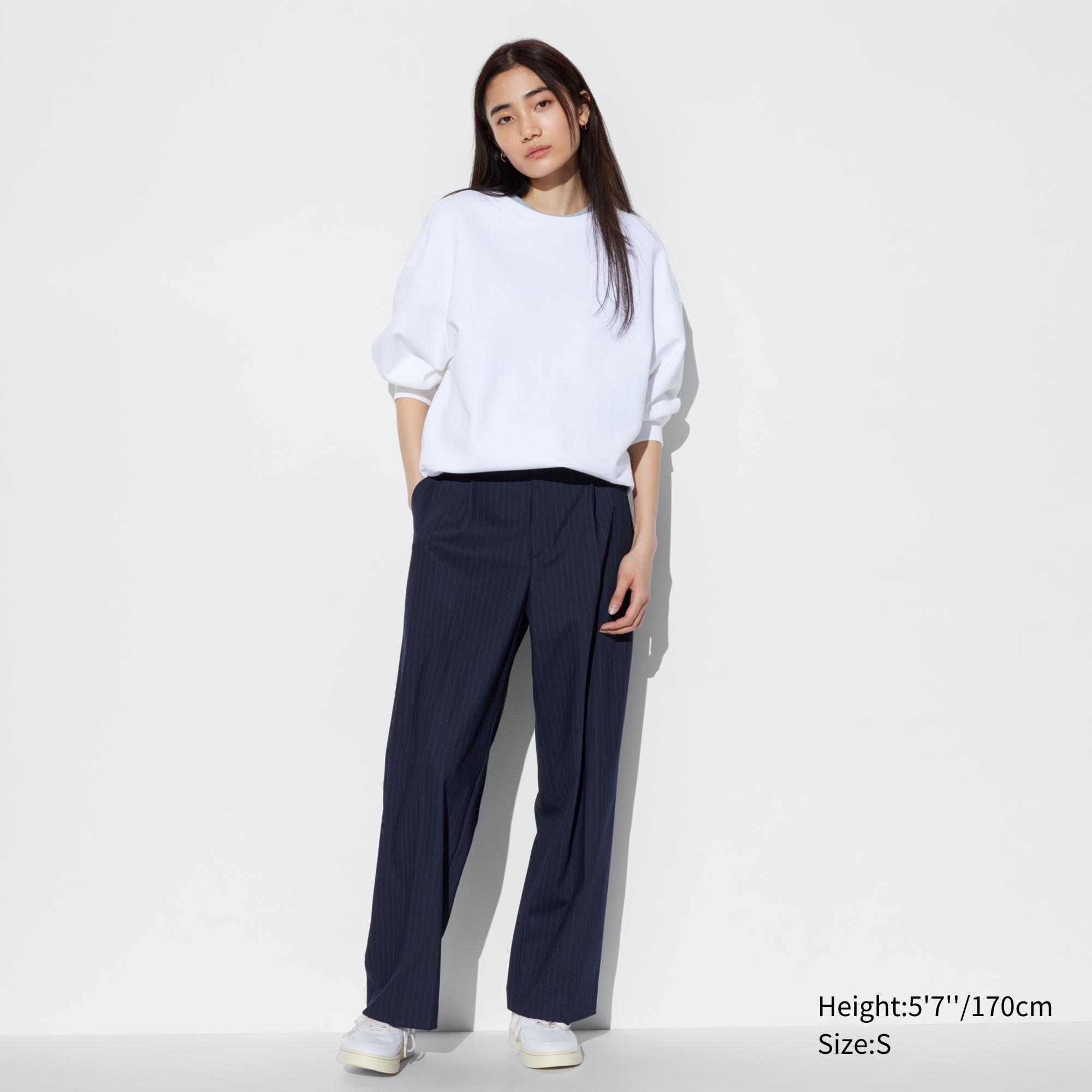 Navy Uniqlo Pleated Wide Leg Striped Trousers | FDLVX-9345