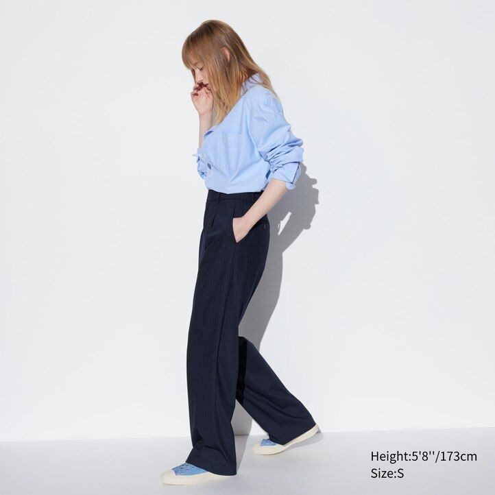 Navy Uniqlo Pleated Wide Leg Striped Trousers Long | OVJQS-8693