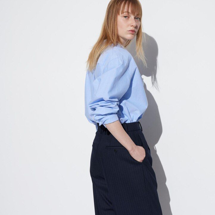 Navy Uniqlo Pleated Wide Leg Striped Trousers Long | OVJQS-8693