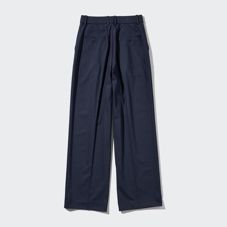 Navy Uniqlo Pleated Wide Leg Striped Trousers Long | OVJQS-8693