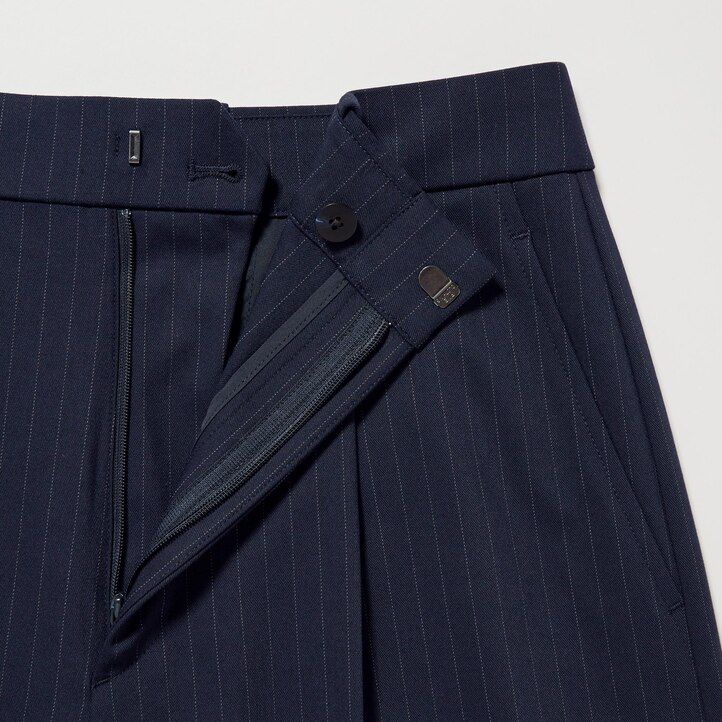 Navy Uniqlo Pleated Wide Leg Striped Trousers Long | OVJQS-8693