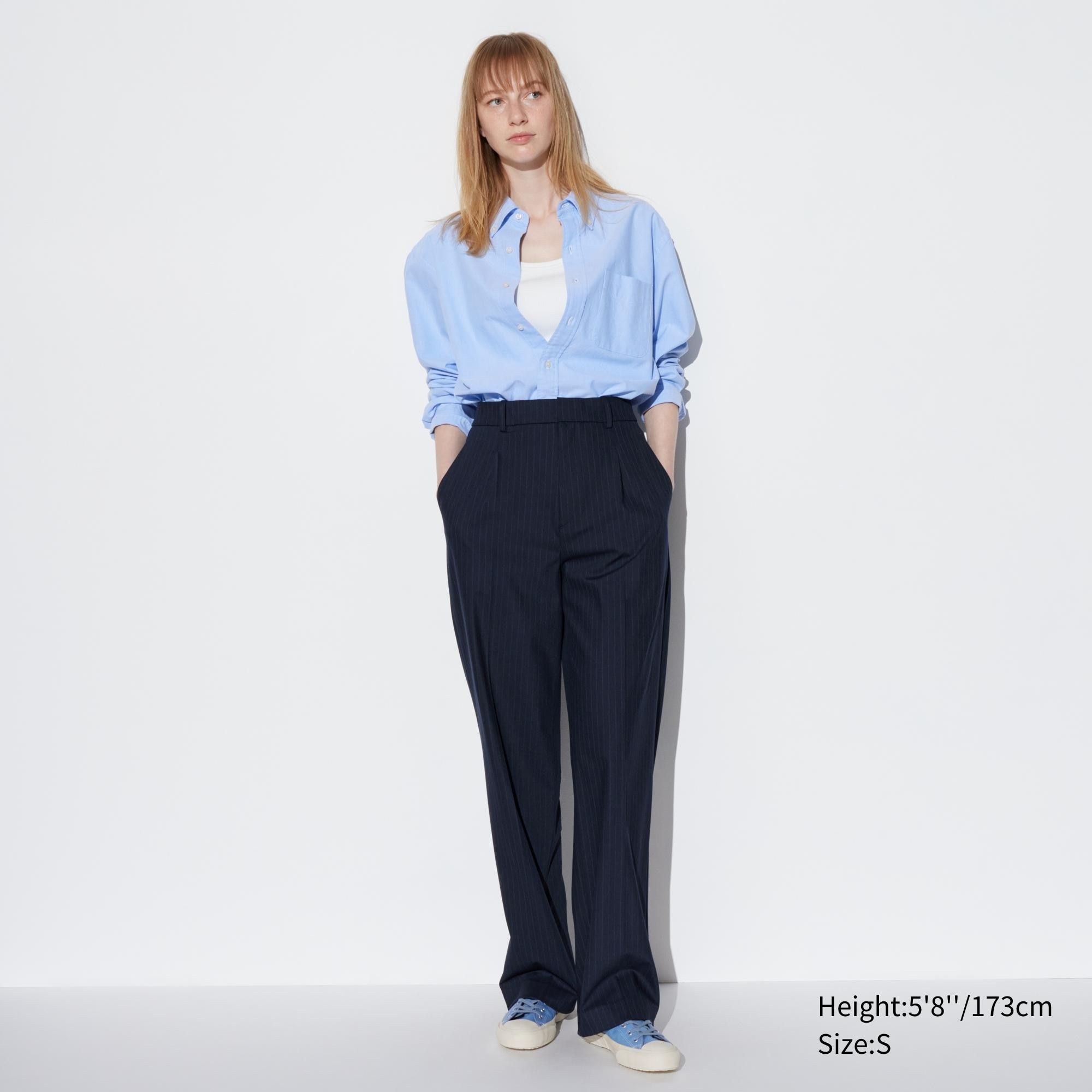 Navy Uniqlo Pleated Wide Leg Striped Trousers Long | OVJQS-8693