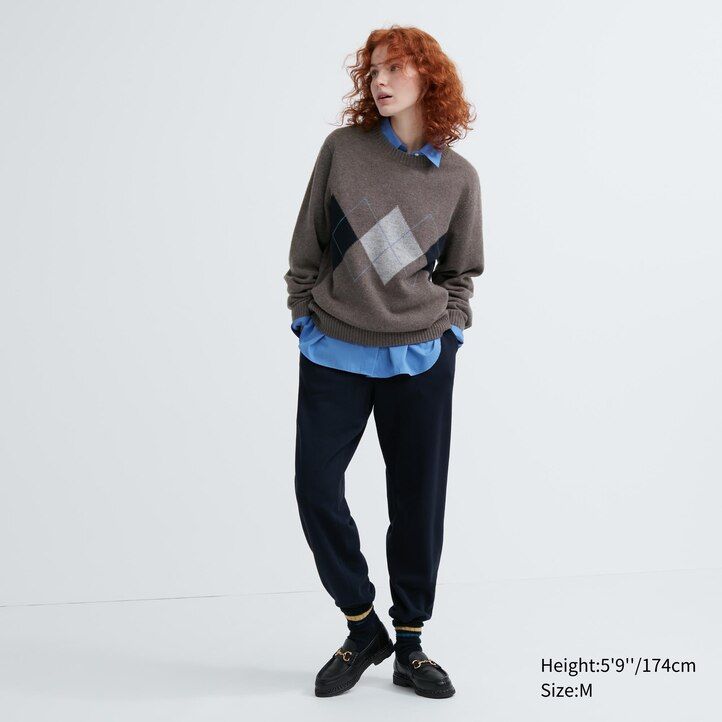 Navy Uniqlo Premium Lambswool Argyle Crew Neck Jumper | KHQLV-1306