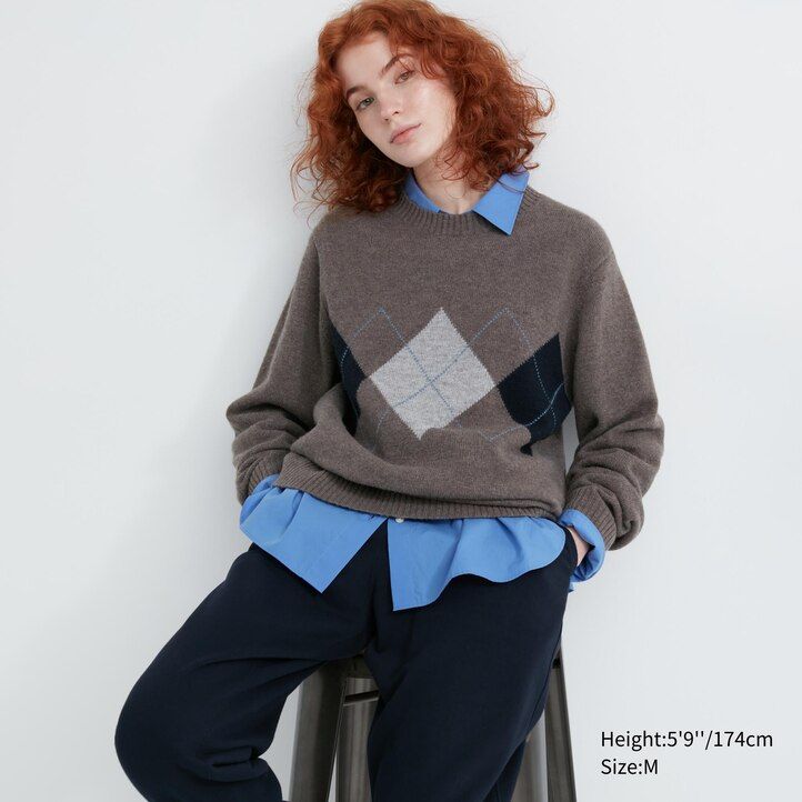 Navy Uniqlo Premium Lambswool Argyle Crew Neck Jumper | KHQLV-1306