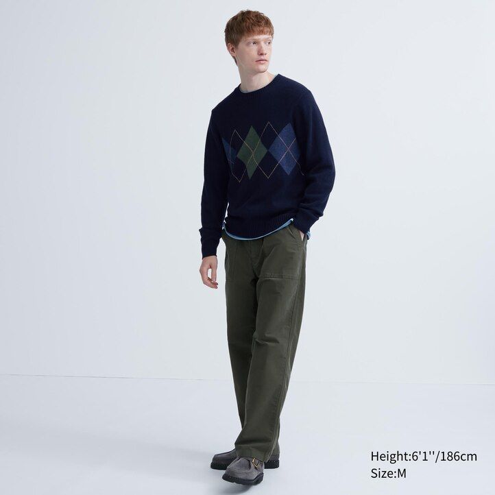 Navy Uniqlo Premium Lambswool Argyle Crew Neck Jumper | KHQLV-1306
