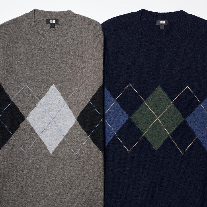 Navy Uniqlo Premium Lambswool Argyle Crew Neck Jumper | KHQLV-1306