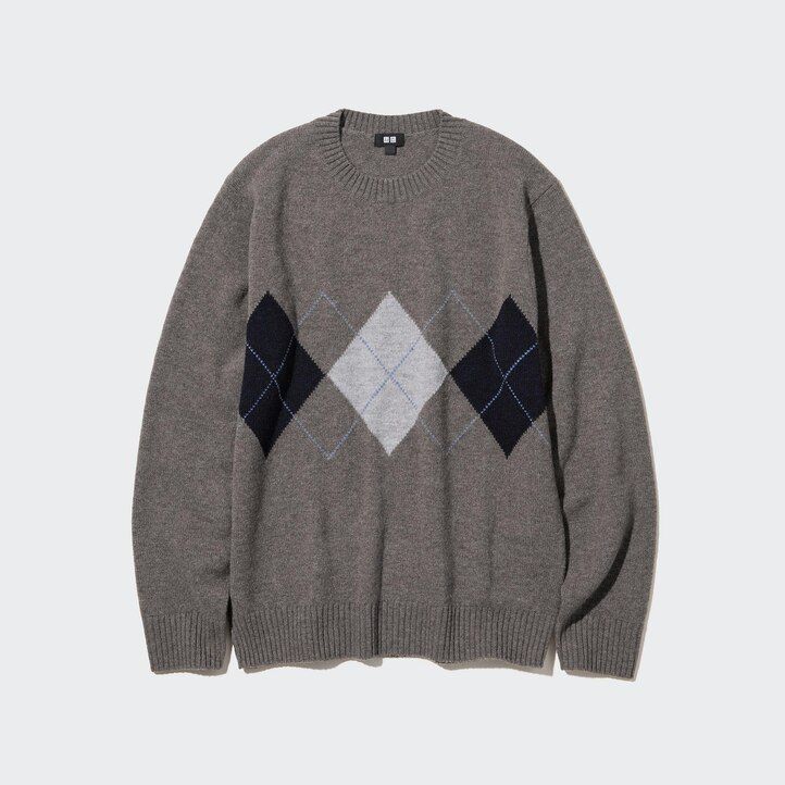 Navy Uniqlo Premium Lambswool Argyle Crew Neck Jumper | KHQLV-1306